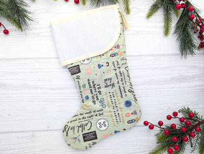 sage mix quilted Christmas stocking with blank cross stitch Aida cuff for LDS missionary