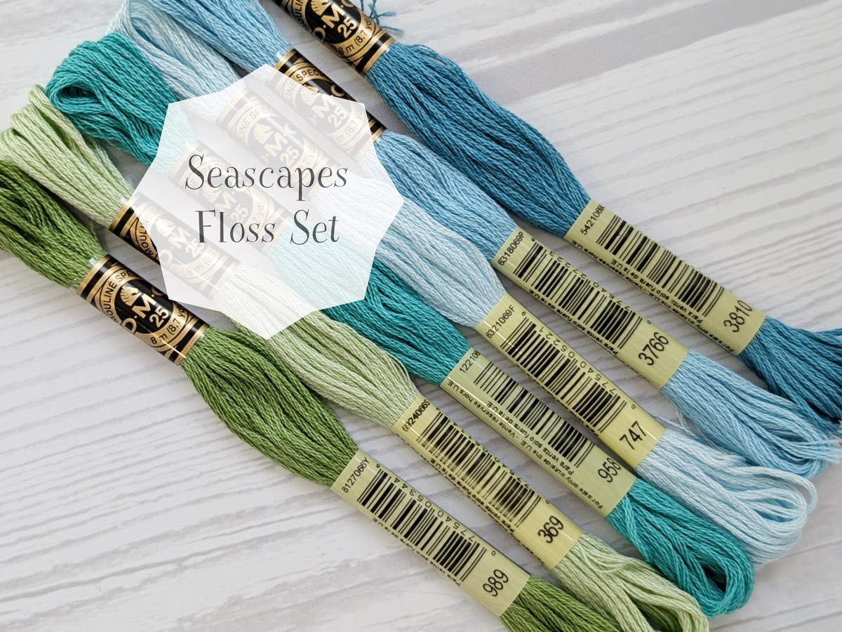 dmc embroidery floss bundle featuring blues and greens