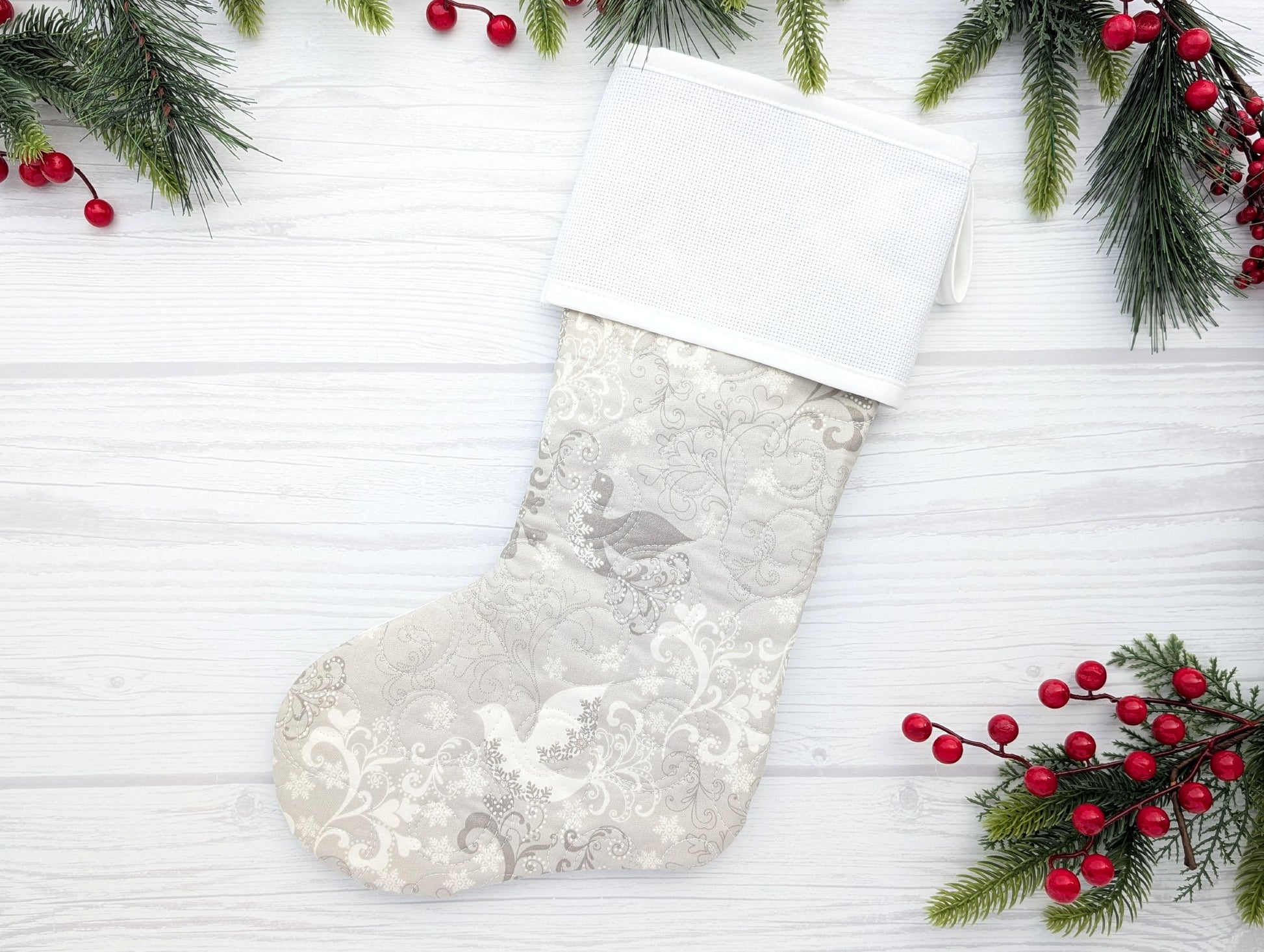 silver elegant doves quilted Christmas stocking with blank cross stitchable Aida cuff