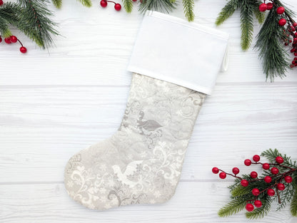 silver elegant doves quilted Christmas stocking with blank cross stitchable Aida cuff