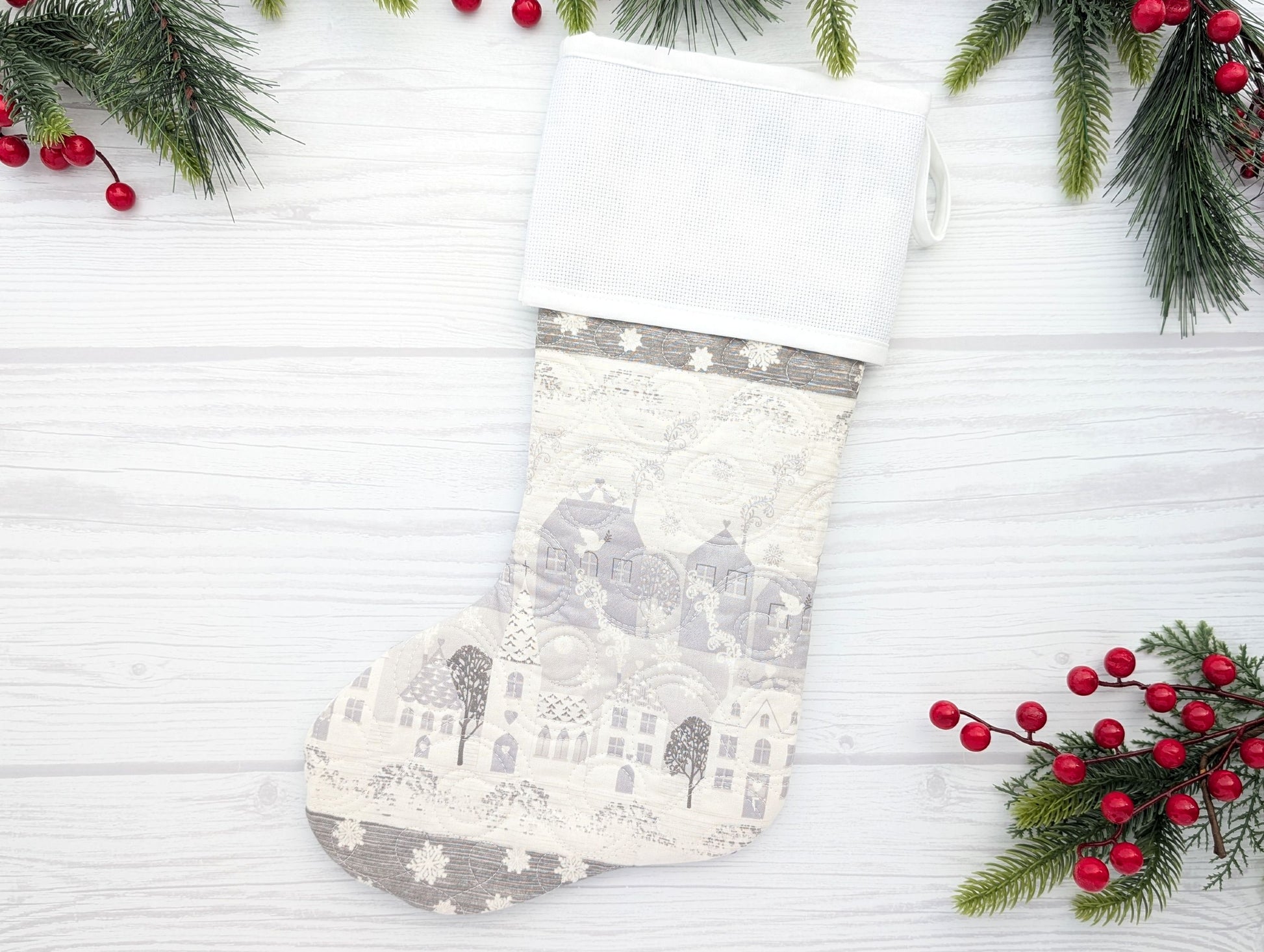 silver quilted Christmas stocking with blank cross stitchable Aida cuff