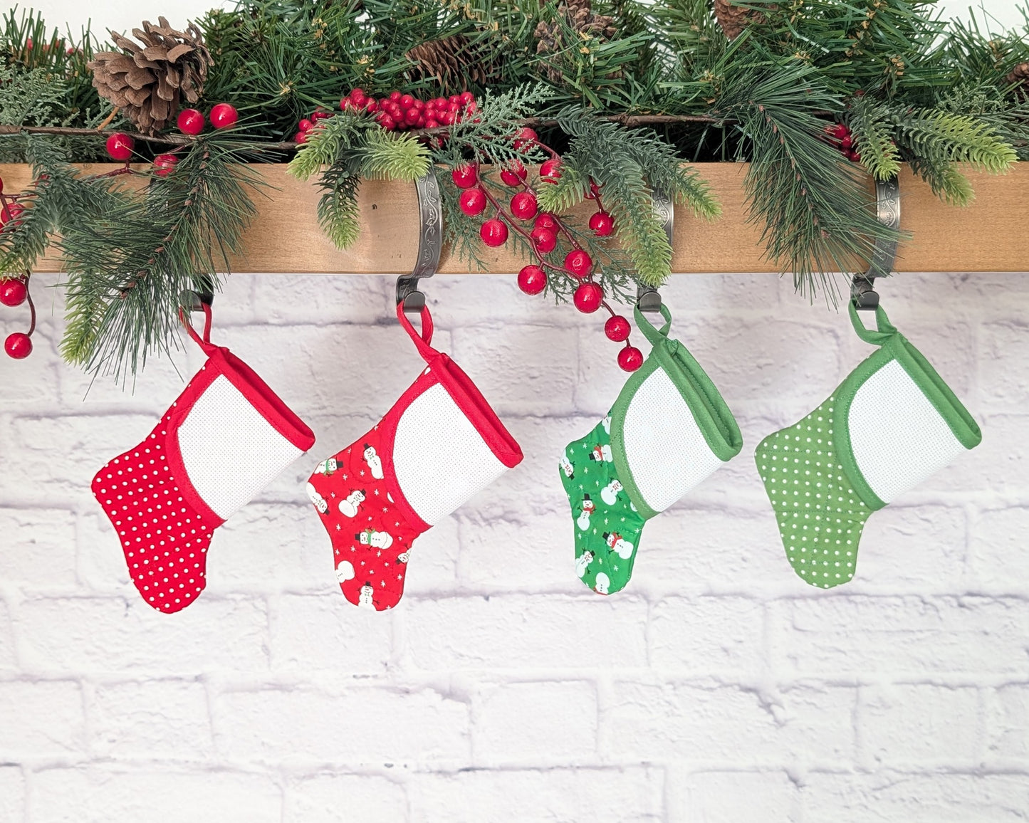 red and green mini christmas stocking with blank cross-stitchable cuff