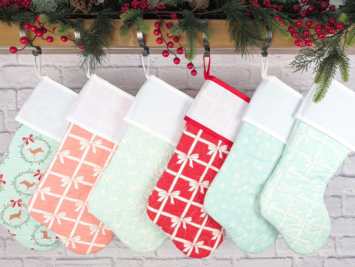 quilted Christmas stocking with blank cross stitch Aida cuff