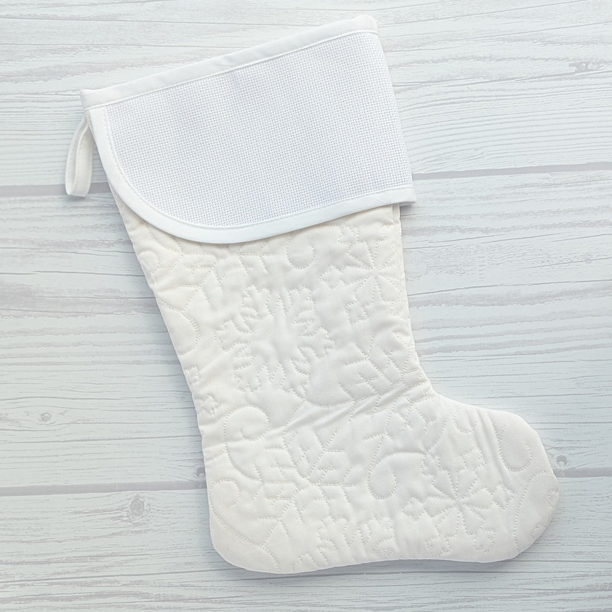 White snowflakes Christmas stocking with blank cross stitch cuff