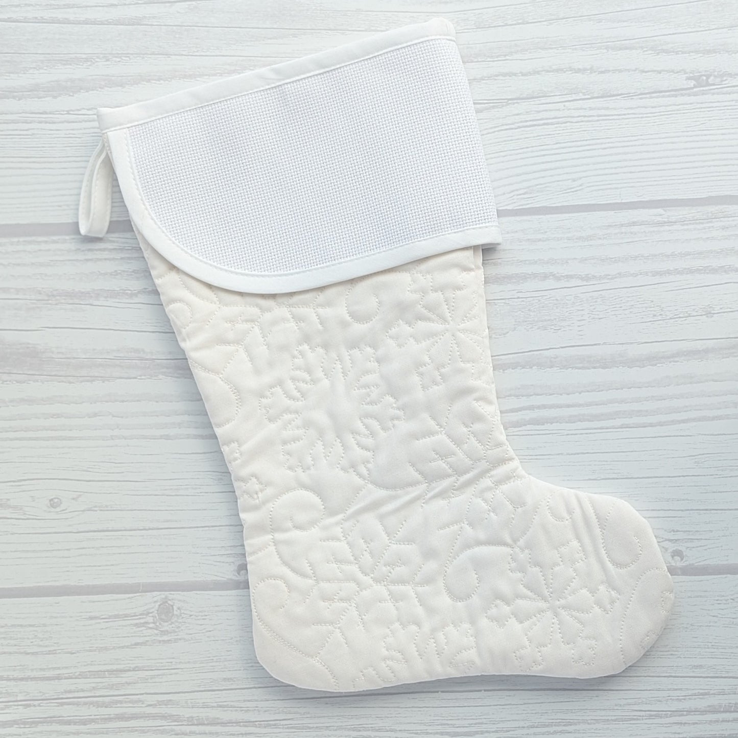 White snowflakes Christmas stocking with blank cross stitch cuff