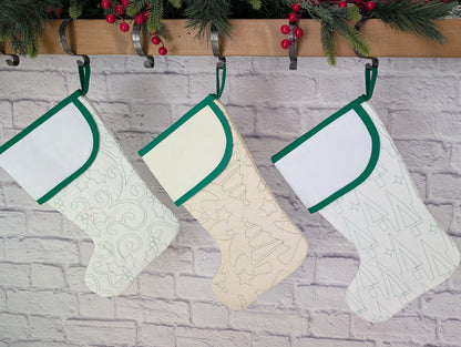 White or Cream Christmas Stocking with green trim and blank cross stitch cuff