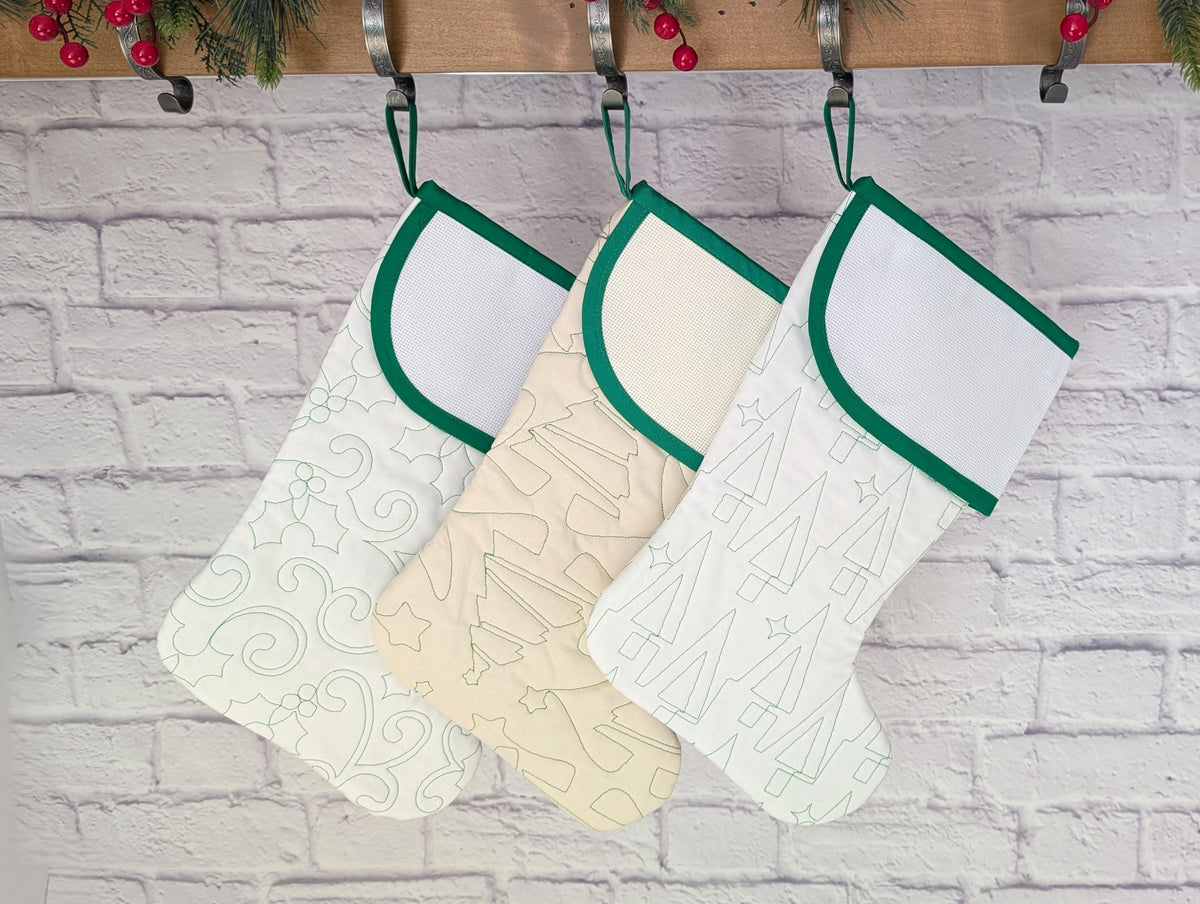White or Cream Christmas Stocking with green trim and blank cross stitch cuff