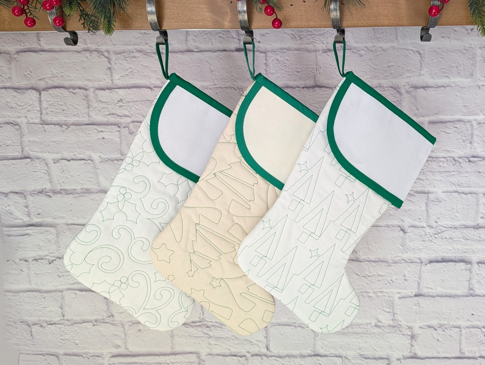 White or Cream Christmas Stocking with green trim and blank cross stitch cuff