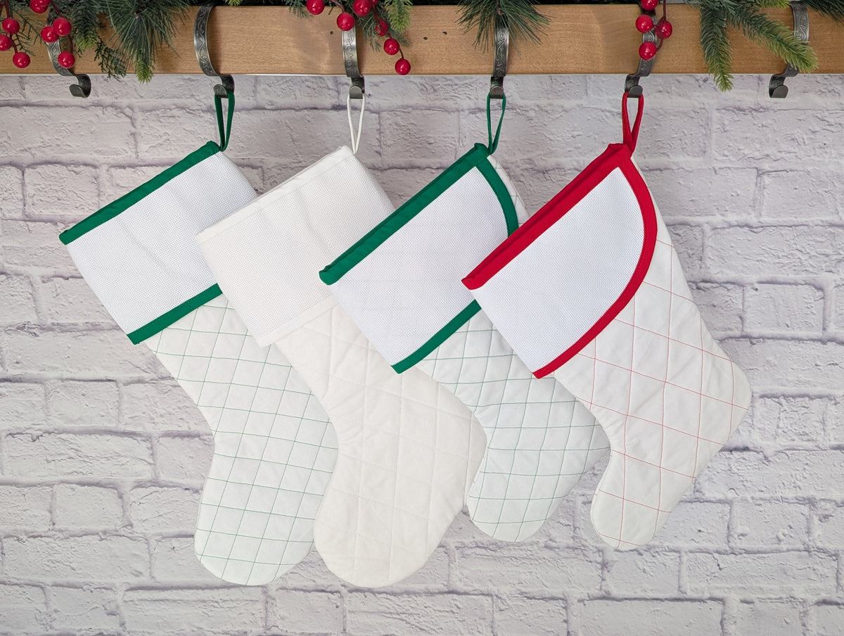 white Christmas stockings with blank cross stitch cuffs