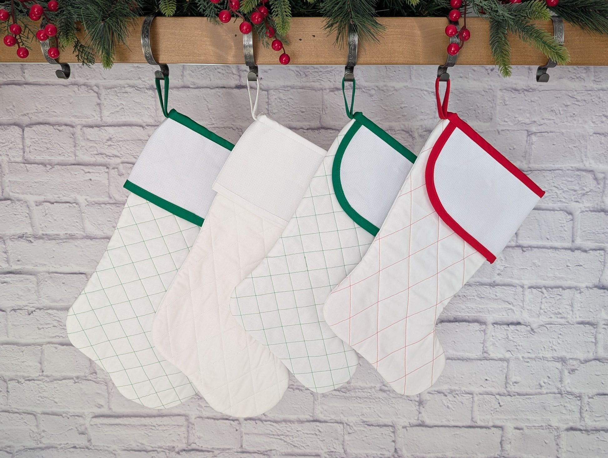 White Christmas stockings with blank cross stitch cuffs