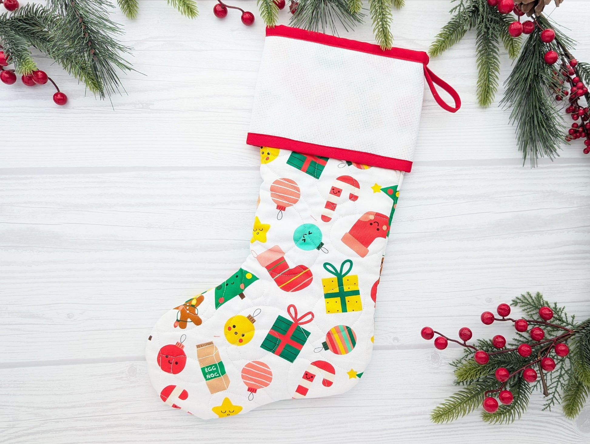 quilted Christmas stocking with blank cross stitch Aida cuff