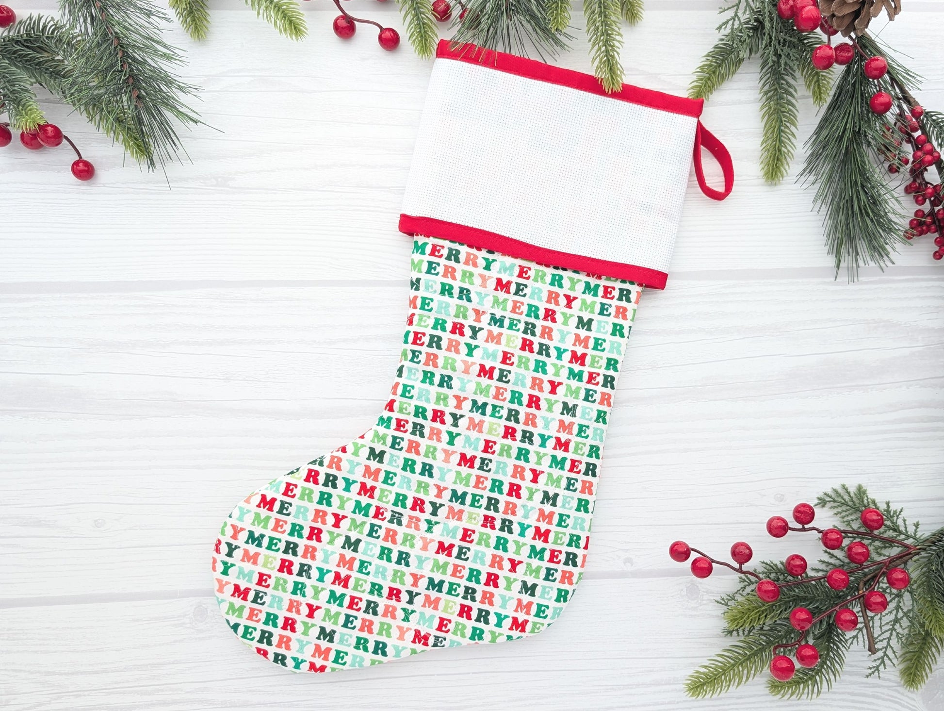 quilted Christmas stocking with blank cross stitch Aida cuff