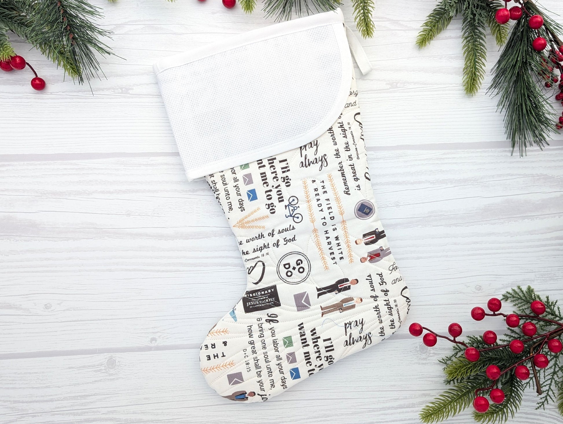 white mix quilted Christmas stocking with blank cross stitch Aida cuff for LDS missionary