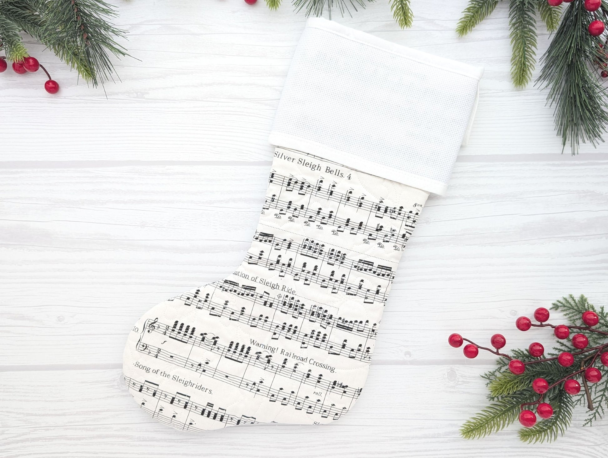 white music quilted Christmas stocking with blank cross stitch Aida cuff