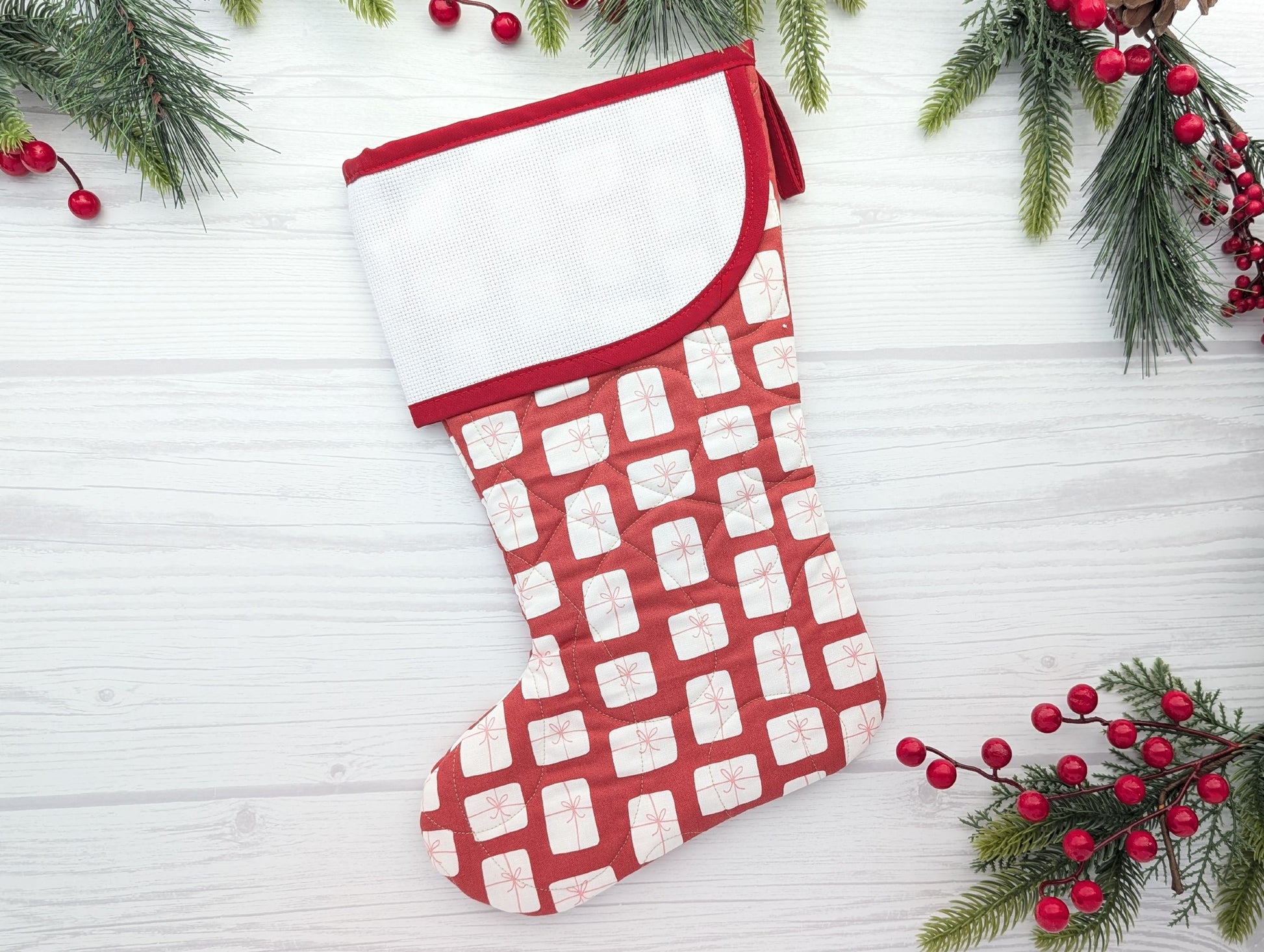 white on red gifts quilted christmas stocking with blank cross stitch aida cuff