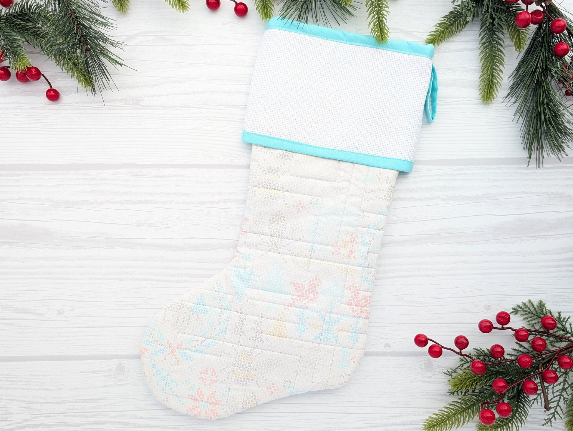quilted Christmas stocking with blank cross stitch Aida cuff