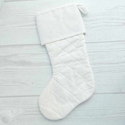 White Christmas stocking with white trim and traditional diamond quilting - cross stitch cuff