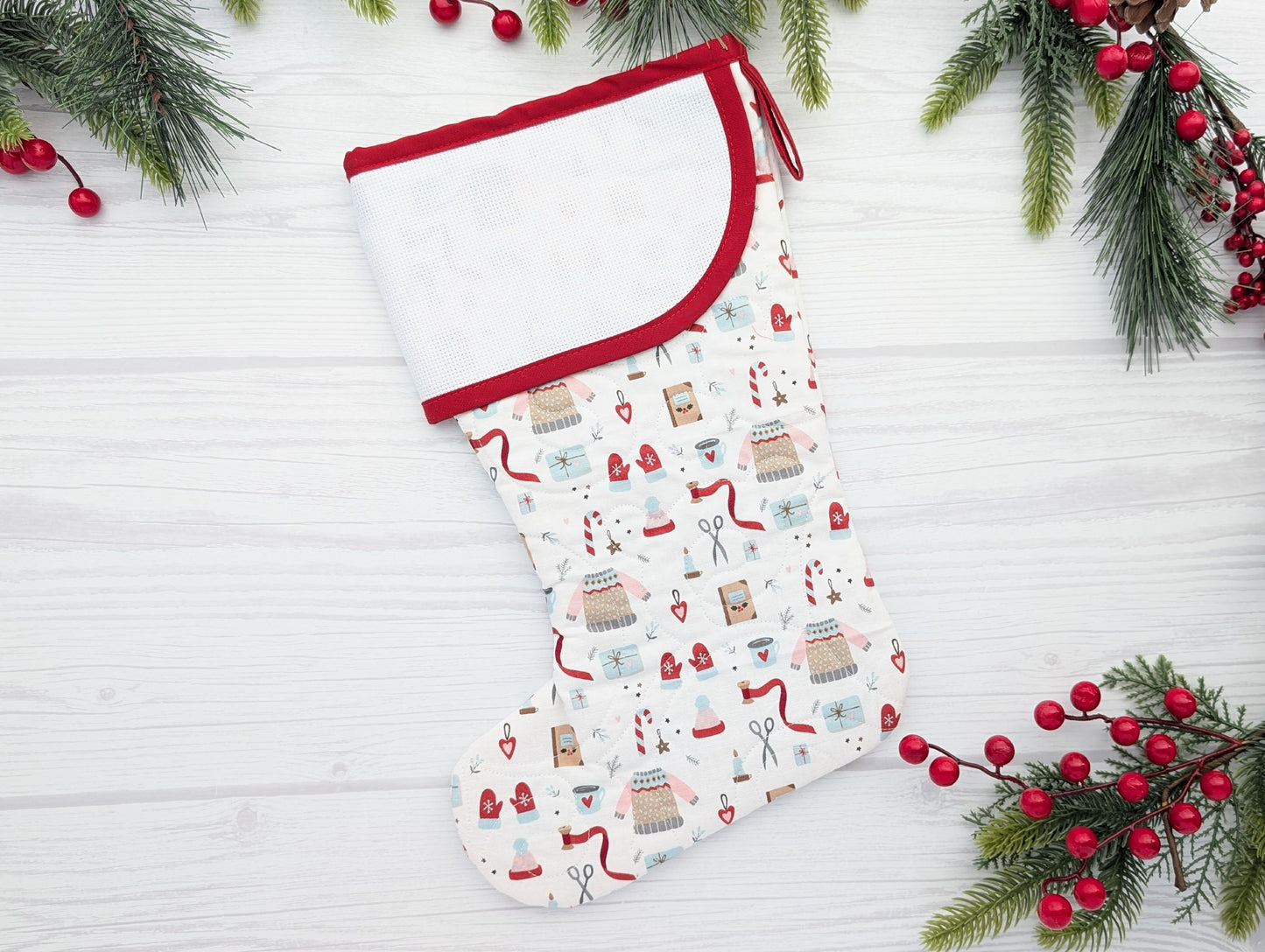 white winter quilted Christmas stocking with blank cross stitch cuff