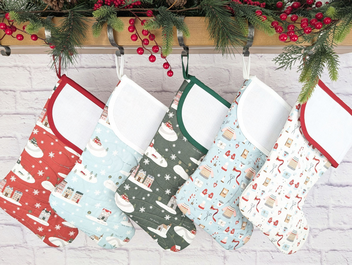 winter village quilted Christmas stocking with blank cross stitch cuff set